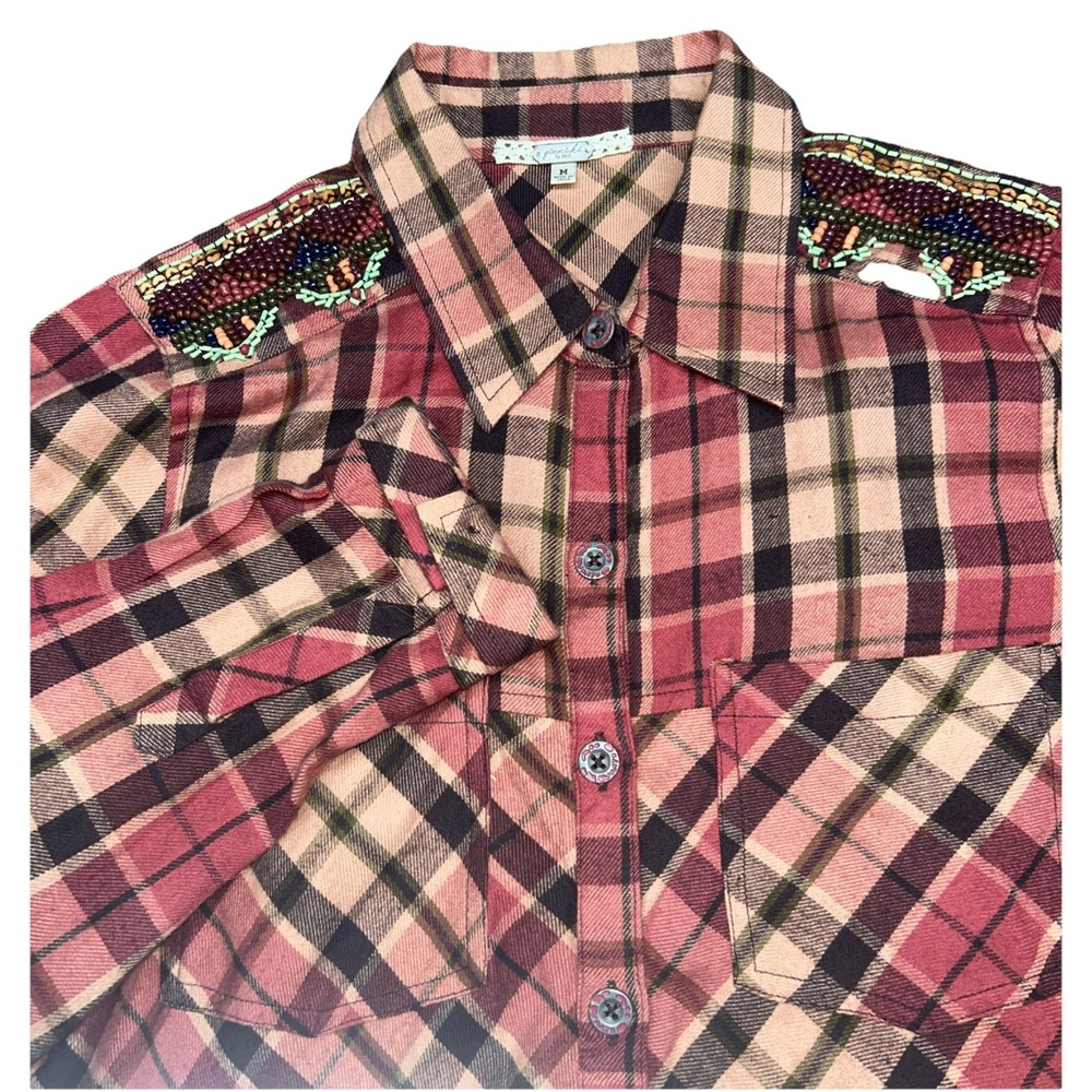 BKE Gimmicks Plaid Shirt‎ Women's Medium Embroidered Mesh Back Beaded Shoulder